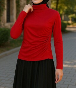 LANEL YARIM BOĞAZLI ÇAPRAZ DİKİŞLİ SANDY BLUZ A10-6-5523-03-KIRMIZI - 