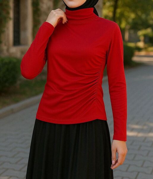 LANEL YARIM BOĞAZLI ÇAPRAZ DİKİŞLİ SANDY BLUZ A10-6-5523-03-KIRMIZI - 1