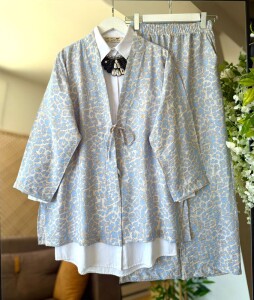 LAPLE ÖNÜ BAĞCIKLI KİMONO PANTOLON İKİLİ TAKIM A9-2-1640-10-MAVİ - 