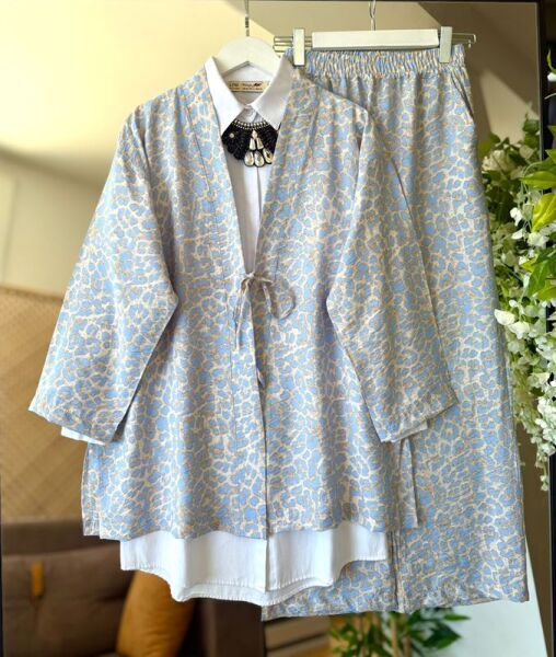 LAPLE ÖNÜ BAĞCIKLI KİMONO PANTOLON İKİLİ TAKIM A9-2-1640-10-MAVİ - 1