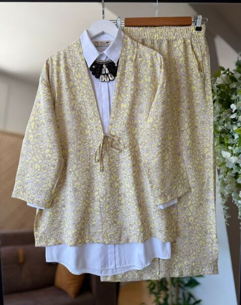 LAPLE ÖNÜ BAĞCIKLI KİMONO PANTOLON İKİLİ TAKIM A9-2-1640-23-SARI - 1