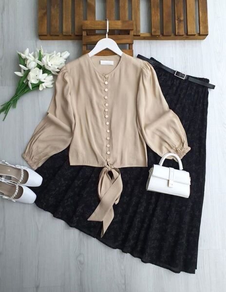 LAVESA SIRALI DÜĞME ÖNÜ BAĞLAMALI GÖMLEK B1-3 5674-34-BEJ - 1