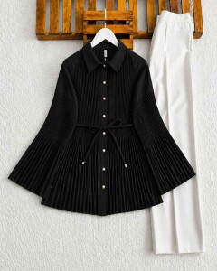 LAVF PİLESELİ BELİ İPLİ GÖMLEK TUNİK B8-2-5745-01-SİYAH 