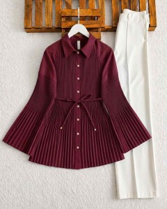 LAVF PİLESELİ BELİ İPLİ GÖMLEK TUNİK 5745-04-BORDO - 
