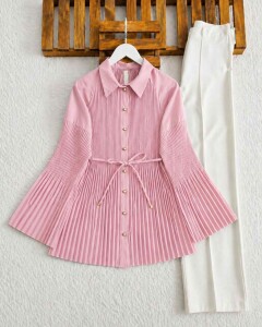 LAVF PİLESELİ BELİ İPLİ GÖMLEK TUNİK 5745-05-PUDRA - 