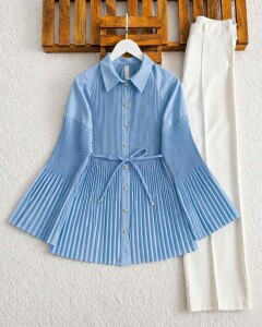 LAVF PİLESELİ BELİ İPLİ GÖMLEK TUNİK 5745-10-MAVİ 