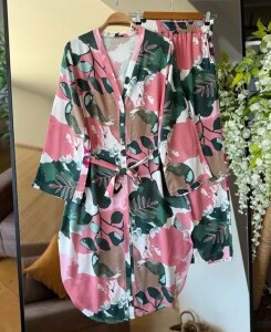 LAWEB KUŞAKLI UZUN KİMONO PANTOLON İKİLİ TAKIM A10-6-1641-16-GÜL - 1