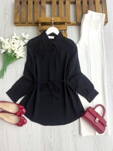 LEMG BELİ İPLİ KENDİNDEN DESENLİ BRODE GÖMLEK TUNİK A6-5-5697-01-SİYAH - 1