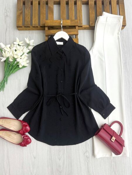 LEMG BELİ İPLİ KENDİNDEN DESENLİ BRODE GÖMLEK TUNİK A6-5-5697-01-SİYAH - 1