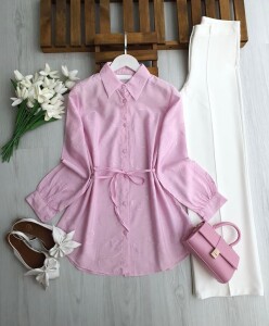 LEMG BELİ İPLİ KENDİNDEN DESENLİ BRODE GÖMLEK TUNİK A6-5-5697-05-PUDRA - 1