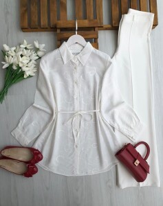 LEMG BELİ İPLİ KENDİNDEN DESENLİ BRODE GÖMLEK TUNİK A6-5-5697-20-BEYAZ - 1