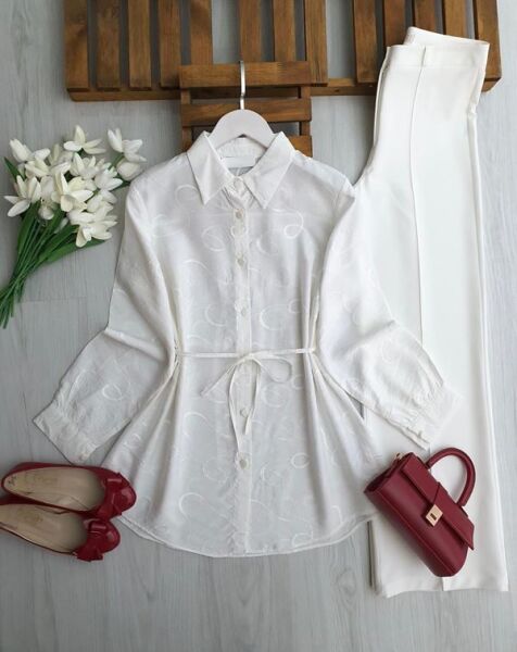 LEMG BELİ İPLİ KENDİNDEN DESENLİ BRODE GÖMLEK TUNİK A6-5-5697-20-BEYAZ - 1