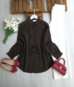 LEMG BELİ İPLİ KENDİNDEN DESENLİ BRODE GÖMLEK TUNİK A6-5-5697-37-KAHVE - 1