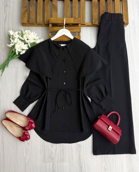 LENFE OMUZ PELERİN LOTUS GÖMLEK TUNİK 5681-01-SİYAH - 1