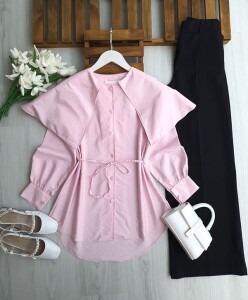 LENFE OMUZ PELERİN LOTUS GÖMLEK TUNİK 5681-05-PUDRA - 