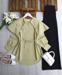 LENFE OMUZ PELERİN LOTUS GÖMLEK TUNİK 5681-07-YEŞİL - 