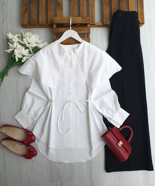 LENFE OMUZ PELERİN LOTUS GÖMLEK TUNİK 5681-20-BEYAZ - 1