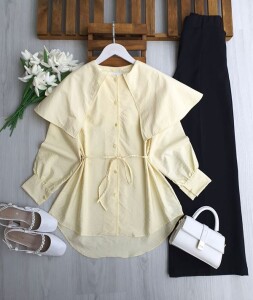 LENFE OMUZ PELERİN LOTUS GÖMLEK TUNİK 5681-23-SARI - 