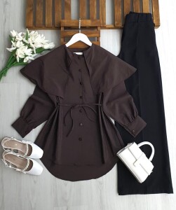 LENFE OMUZ PELERİN LOTUS GÖMLEK TUNİK 5681-37-KAHVE - 