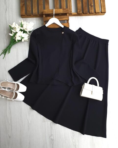 LENSİ YAKA YAN TEK DÜĞMELİ ETEKLİ TAKIM B3-5 1704-01-SİYAH - 1