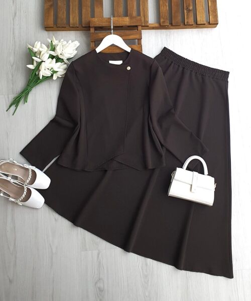 LENSİ YAKA YAN TEK DÜĞMELİ ETEKLİ TAKIM 1704-37-KAHVE - 1