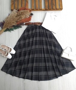 LERAN KAHVE DERİ KEMERLİ ASTARLI ŞİFON ETEK B2-2-6105-01-SİYAH - 1