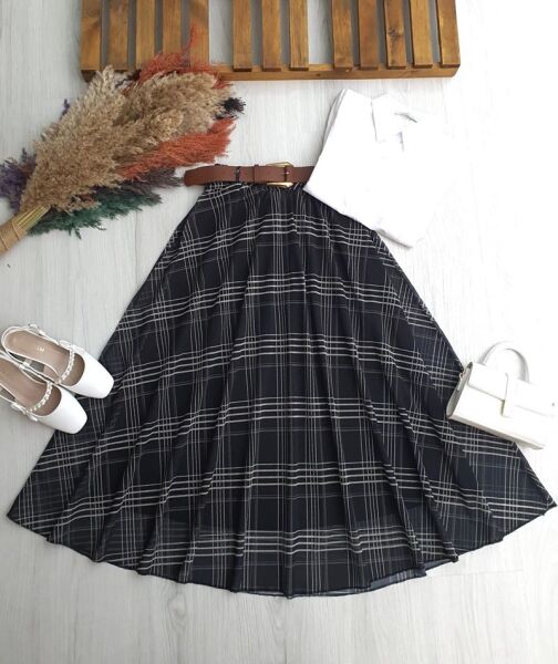 LERAN KAHVE DERİ KEMERLİ ASTARLI ŞİFON ETEK B2-2-6105-01-SİYAH - 1