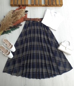 LERAN KAHVE DERİ KEMERLİ ASTARLI ŞİFON ETEK B2-2-6105-12-LACİVERT - 