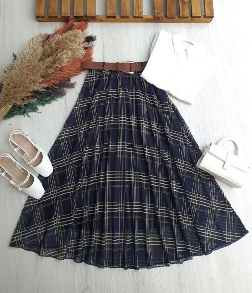 LERAN KAHVE DERİ KEMERLİ ASTARLI ŞİFON ETEK B2-2-6105-12-LACİVERT - 1