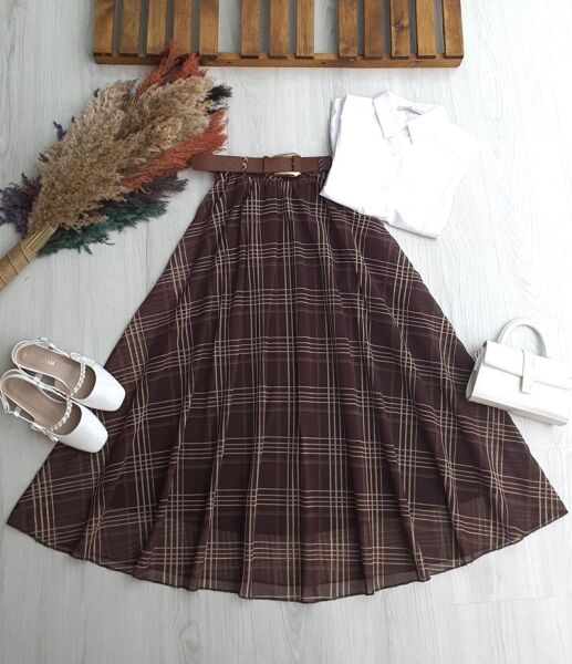 LERAN KAHVE DERİ KEMERLİ ASTARLI ŞİFON ETEK B2-2-6105-37-KAHVE - 1