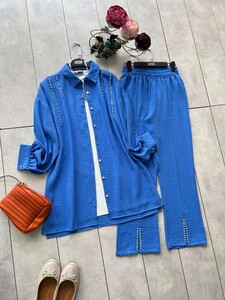 LESİN TAŞLI KETEN İKİLİ TAKIM C9-1442-14-SAKS - 