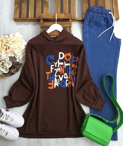 LEYP KARIŞIK YAZI BASKILI OVERSİZE TUNİK A2-4-5395-37-KAHVE - 