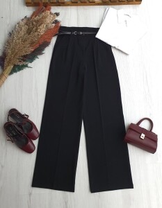 LEYSE İNCE DERİ KEMERLİ POLİVİSKON PALAZZO PANTOLON 6101-01-SİYAH - 
