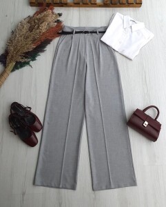 LEYSE İNCE DERİ KEMERLİ POLİVİSKON PALAZZO PANTOLON 6101-26-GRİ - 