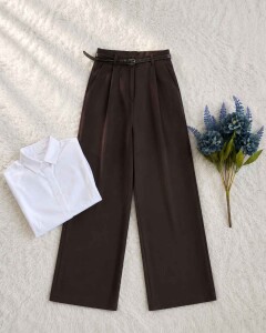 LEYSE İNCE DERİ KEMERLİ POLİVİSKON PALAZZO PANTOLON C8-6101-37-KAHVE - 