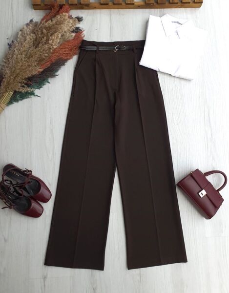 LEYSE İNCE DERİ KEMERLİ POLİVİSKON PALAZZO PANTOLON 6101-37-KAHVE - 1