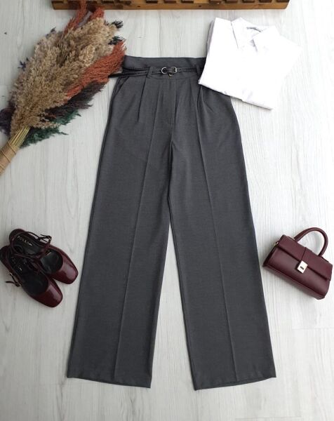 LEYSE İNCE DERİ KEMERLİ POLİVİSKON PALAZZO PANTOLON 6101-58-FÜME - 1