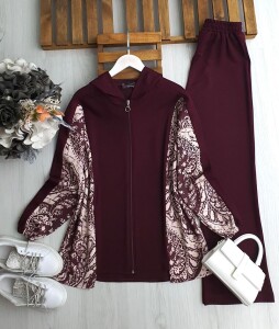 LİD ŞAL DESEN GARNİLİ ÖNÜ FERMUARLI TAKIM B9-4-1675-04-BORDO - 