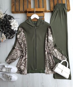 LİD ŞAL DESEN GARNİLİ ÖNÜ FERMUARLI TAKIM B9-4-1675-09-HAKİ - 