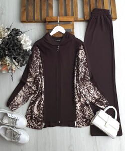 LİD ŞAL DESEN GARNİLİ ÖNÜ FERMUARLI TAKIM B9-4-1675-37-KAHVE - 