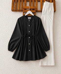 LİSN NERVÜR DİKİŞ DETAYLI SALAŞ GÖMLEK TUNİK 5735-01-SİYAH 