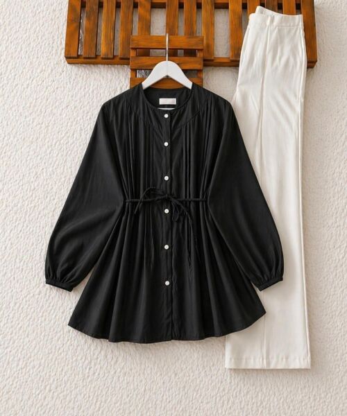 LİSN NERVÜR DİKİŞ DETAYLI SALAŞ GÖMLEK TUNİK 5735-01-SİYAH - 1