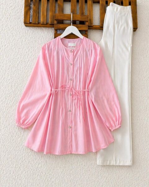 LİSN NERVÜR DİKİŞ DETAYLI SALAŞ GÖMLEK TUNİK 5735-05-PUDRA - 1