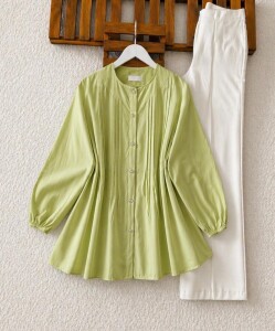 LİSN NERVÜR DİKİŞ DETAYLI SALAŞ GÖMLEK TUNİK 5735-07-YEŞİL - 