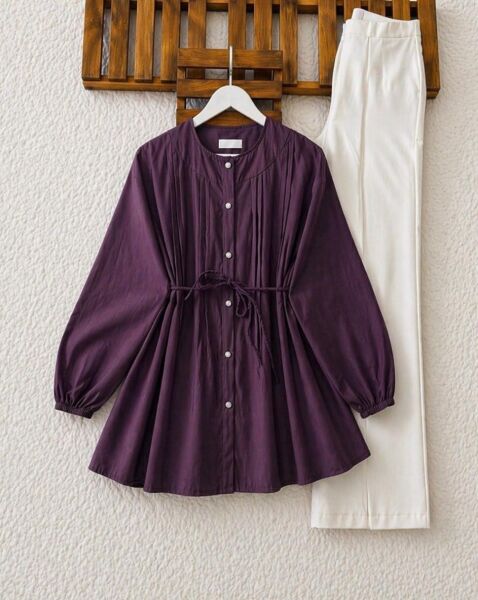 LİSN NERVÜR DİKİŞ DETAYLI SALAŞ GÖMLEK TUNİK 5735-18-MÜRDÜM - 1