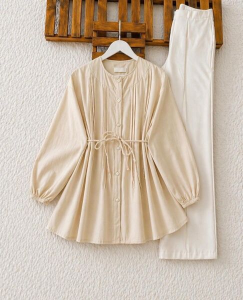 LİSN NERVÜR DİKİŞ DETAYLI SALAŞ GÖMLEK TUNİK 5735-34-BEJ - 1