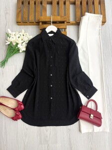 LOBG KENDİNDEN DESENLİ SALAŞ GÖMLEK TUNİK 5708-01-SİYAH - 1