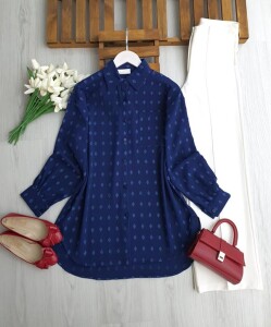 LOBG KENDİNDEN DESENLİ SALAŞ GÖMLEK TUNİK 5708-12-LACİVERT - 1