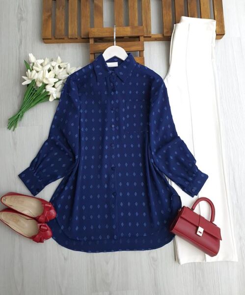 LOBG KENDİNDEN DESENLİ SALAŞ GÖMLEK TUNİK 5708-12-LACİVERT - 1