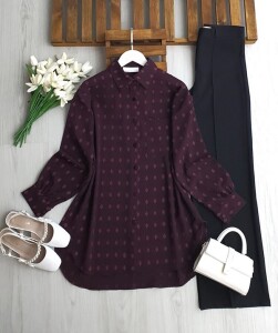 LOBG KENDİNDEN DESENLİ SALAŞ GÖMLEK TUNİK 5708-18-MÜRDÜM - 1